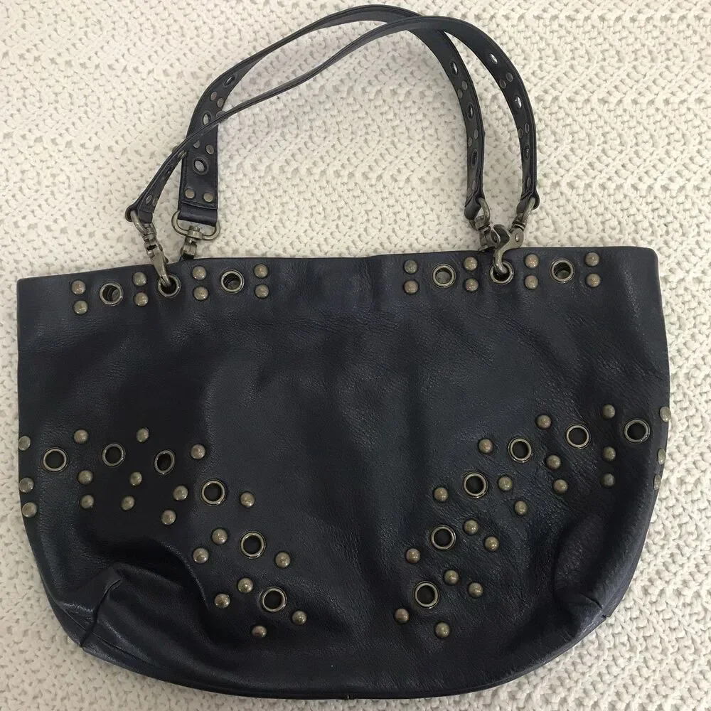 Hobo International Kooba  Studded Leather Tote Bag Black Boho Biker Chic Purse
